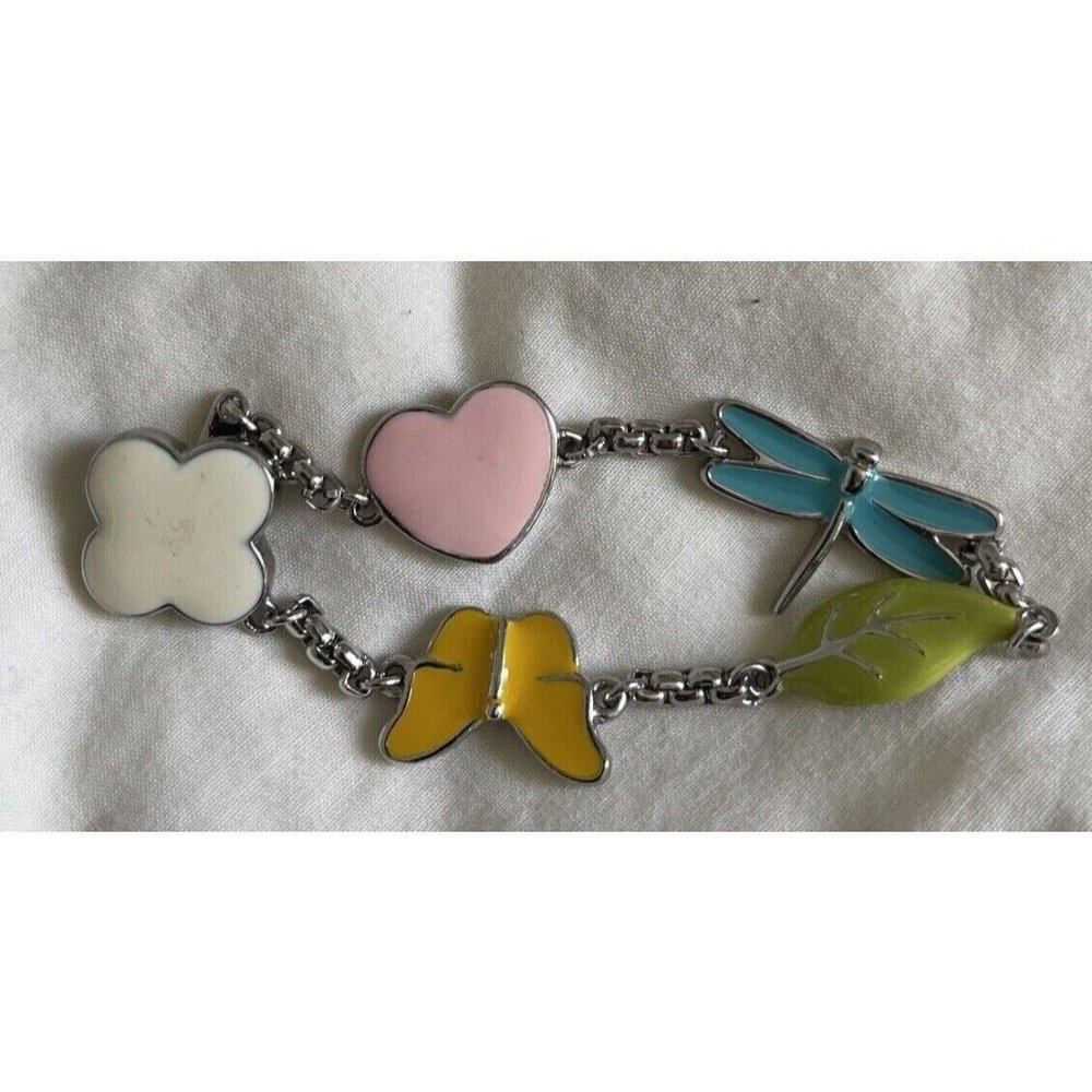 Enamel Bracelet Garden Charms Dragonfly Heart Quatrefoil Butterfly Leaf Silver